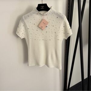 Miu Miu Ivory Short Sleeve Tee with Stud Accents